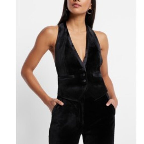 Express Velvet Button Front Halter Tuxedo Blazer Vest + Pants - Picture 2 of 9